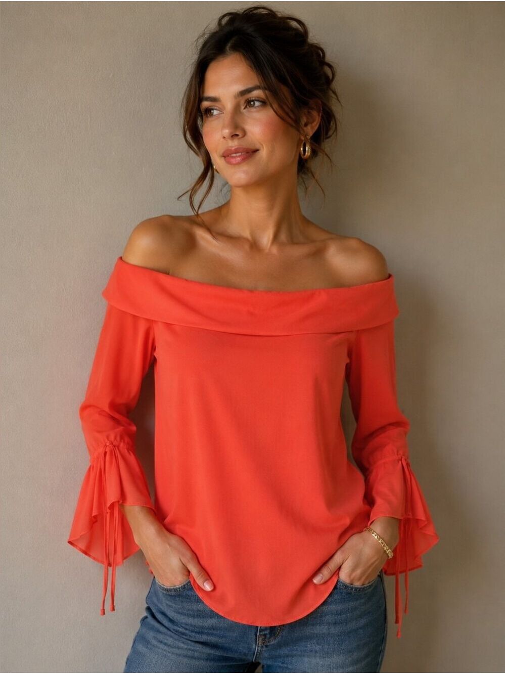 Banana Republic Coral Off Shoulder Blouse Bell Sleeve Top XS - Picture 2 of 10